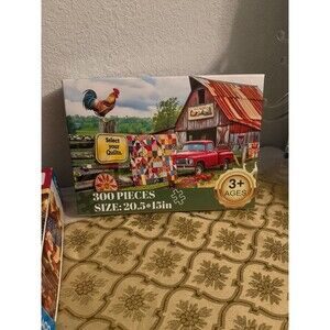 New Farmhouse Quilt Barn Rooster 300 Piece Jigsaw Puzzle Country Red Truck